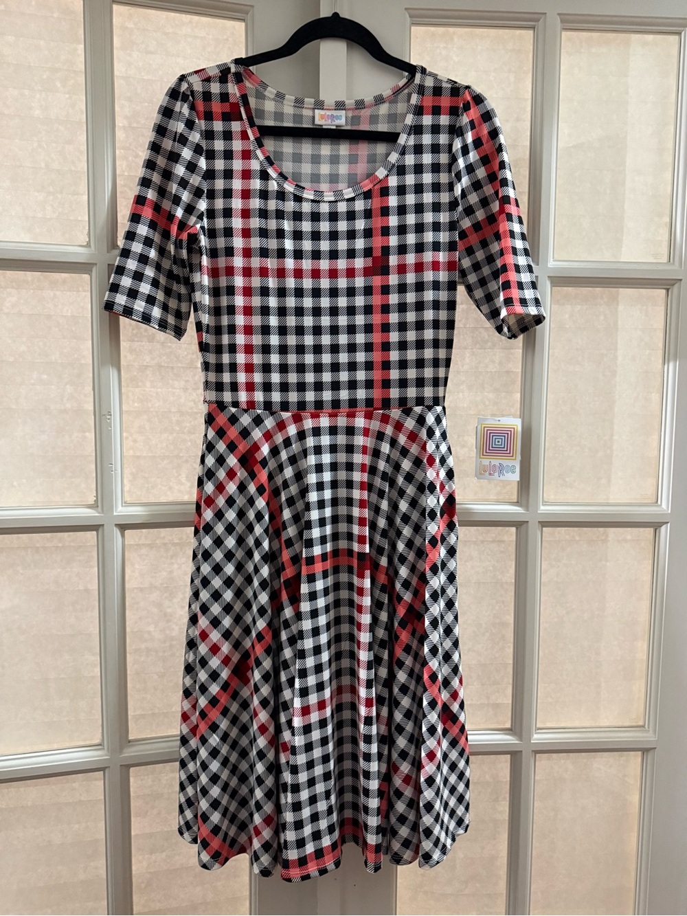 LuLaRoe Black White and Red Plaid Fit & Flare Midi Dress